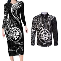 Polynesian Guam Coat of Arms Couples Matching Long Sleeve Bodycon Dress and Long Sleeve Button Shirt Polynesian Tribal Tattoo Black Version LT9 Black - Polynesian Pride