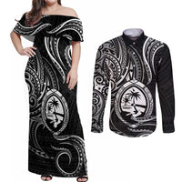 Polynesian Guam Coat of Arms Couples Matching Off Shoulder Maxi Dress and Long Sleeve Button Shirt Polynesian Tribal Tattoo Black Version LT9 Black - Polynesian Pride