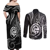 Polynesian Guam Coat of Arms Couples Matching Off Shoulder Maxi Dress and Long Sleeve Button Shirt Polynesian Tribal Tattoo Black Version LT9 - Polynesian Pride