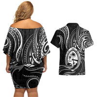 Polynesian Guam Coat of Arms Couples Matching Off Shoulder Short Dress and Hawaiian Shirt Polynesian Tribal Tattoo Black Version LT9 - Polynesian Pride