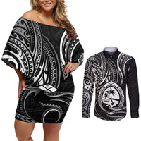 Polynesian Guam Coat of Arms Couples Matching Off Shoulder Short Dress and Long Sleeve Button Shirt Polynesian Tribal Tattoo Black Version LT9 Black - Polynesian Pride