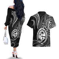 Polynesian Guam Coat of Arms Couples Matching Off The Shoulder Long Sleeve Dress and Hawaiian Shirt Polynesian Tribal Tattoo Black Version LT9 - Polynesian Pride