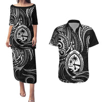 Polynesian Guam Coat of Arms Couples Matching Puletasi and Hawaiian Shirt Polynesian Tribal Tattoo Black Version LT9 Black - Polynesian Pride