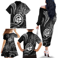 Polynesian Guam Coat of Arms Family Matching Off The Shoulder Long Sleeve Dress and Hawaiian Shirt Polynesian Tribal Tattoo Black Version LT9 - Polynesian Pride