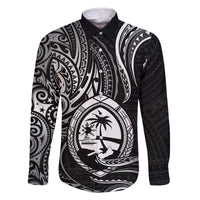 Polynesian Guam Coat of Arms Family Matching Off The Shoulder Long Sleeve Dress and Hawaiian Shirt Polynesian Tribal Tattoo Black Version LT9 Dad's Shirt - Long Sleeve Black - Polynesian Pride