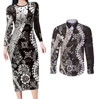 Hawaii Puakenikeni and Maile Lei Couples Matching Long Sleeve Bodycon Dress and Long Sleeve Button Shirt Black Japanese Wave Style LT9 Black - Polynesian Pride