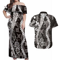 Hawaii Puakenikeni and Maile Lei Couples Matching Off Shoulder Maxi Dress and Hawaiian Shirt Black Japanese Wave Style LT9 Black - Polynesian Pride