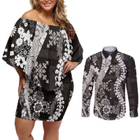 Hawaii Puakenikeni and Maile Lei Couples Matching Off Shoulder Short Dress and Long Sleeve Button Shirt Black Japanese Wave Style LT9 Black - Polynesian Pride