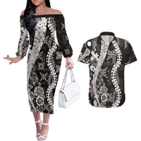 Hawaii Puakenikeni and Maile Lei Couples Matching Off The Shoulder Long Sleeve Dress and Hawaiian Shirt Black Japanese Wave Style LT9 Black - Polynesian Pride