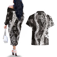 Hawaii Puakenikeni and Maile Lei Couples Matching Off The Shoulder Long Sleeve Dress and Hawaiian Shirt Black Japanese Wave Style LT9 - Polynesian Pride