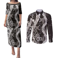 Hawaii Puakenikeni and Maile Lei Couples Matching Puletasi and Long Sleeve Button Shirt Black Japanese Wave Style LT9 Black - Polynesian Pride