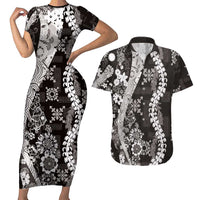 Hawaii Puakenikeni and Maile Lei Couples Matching Short Sleeve Bodycon Dress and Hawaiian Shirt Black Japanese Wave Style LT9 Black - Polynesian Pride