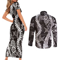 Hawaii Puakenikeni and Maile Lei Couples Matching Short Sleeve Bodycon Dress and Long Sleeve Button Shirt Black Japanese Wave Style LT9 - Polynesian Pride