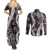 Hawaii Puakenikeni and Maile Lei Couples Matching Summer Maxi Dress and Long Sleeve Button Shirt Black Japanese Wave Style LT9 - Polynesian Pride
