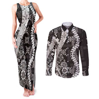 Hawaii Puakenikeni and Maile Lei Couples Matching Tank Maxi Dress and Long Sleeve Button Shirt Black Japanese Wave Style LT9 Black - Polynesian Pride