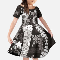 Hawaii Puakenikeni and Maile Lei Family Matching Off Shoulder Maxi Dress and Hawaiian Shirt Black Japanese Wave Style LT9 Daughter's Dress Black - Polynesian Pride