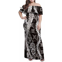 Hawaii Puakenikeni and Maile Lei Family Matching Off Shoulder Maxi Dress and Hawaiian Shirt Black Japanese Wave Style LT9 Mom's Dress Black - Polynesian Pride