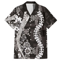 Hawaii Puakenikeni and Maile Lei Family Matching Off Shoulder Short Dress and Hawaiian Shirt Black Japanese Wave Style LT9 Dad's Shirt - Short Sleeve Black - Polynesian Pride