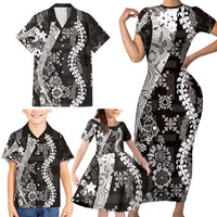 Hawaii Puakenikeni and Maile Lei Family Matching Short Sleeve Bodycon Dress and Hawaiian Shirt Black Japanese Wave Style LT9 - Polynesian Pride
