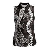 Hawaii Puakenikeni and Maile Lei Women Sleeveless Polo Shirt Black Japanese Wave Style LT9 Female Black - Polynesian Pride
