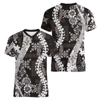 Hawaii Puakenikeni and Maile Lei Women V-Neck T-Shirt Black Japanese Wave Style LT9 - Polynesian Pride