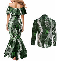 Hawaii Puakenikeni and Maile Lei Couples Matching Mermaid Dress and Long Sleeve Button Shirt Green Japanese Wave Style LT9 - Polynesian Pride