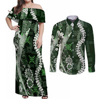 Hawaii Puakenikeni and Maile Lei Couples Matching Off Shoulder Maxi Dress and Long Sleeve Button Shirt Green Japanese Wave Style LT9 Green - Polynesian Pride