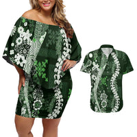 Hawaii Puakenikeni and Maile Lei Couples Matching Off Shoulder Short Dress and Hawaiian Shirt Green Japanese Wave Style LT9 Green - Polynesian Pride