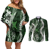 Hawaii Puakenikeni and Maile Lei Couples Matching Off Shoulder Short Dress and Long Sleeve Button Shirt Green Japanese Wave Style LT9 Green - Polynesian Pride