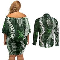 Hawaii Puakenikeni and Maile Lei Couples Matching Off Shoulder Short Dress and Long Sleeve Button Shirt Green Japanese Wave Style LT9 - Polynesian Pride
