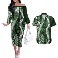 Hawaii Puakenikeni and Maile Lei Couples Matching Off The Shoulder Long Sleeve Dress and Hawaiian Shirt Green Japanese Wave Style LT9 Green - Polynesian Pride