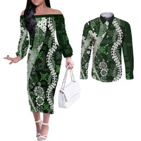 Hawaii Puakenikeni and Maile Lei Couples Matching Off The Shoulder Long Sleeve Dress and Long Sleeve Button Shirt Green Japanese Wave Style LT9 Green - Polynesian Pride