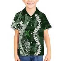 Hawaii Puakenikeni and Maile Lei Family Matching Long Sleeve Bodycon Dress and Hawaiian Shirt Green Japanese Wave Style LT9 Son's Shirt Green - Polynesian Pride