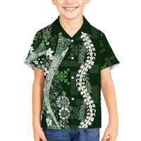 Hawaii Puakenikeni and Maile Lei Family Matching Off The Shoulder Long Sleeve Dress and Hawaiian Shirt Green Japanese Wave Style LT9 Son's Shirt Green - Polynesian Pride