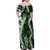Hawaii Puakenikeni and Maile Lei Family Matching Off Shoulder Maxi Dress and Hawaiian Shirt Green Japanese Wave Style LT9 - Polynesian Pride