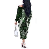 Hawaii Puakenikeni and Maile Lei Off The Shoulder Long Sleeve Dress Green Japanese Wave Style LT9 - Polynesian Pride