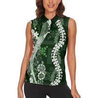 Hawaii Puakenikeni and Maile Lei Women Sleeveless Polo Shirt Green Japanese Wave Style LT9 - Polynesian Pride
