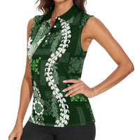 Hawaii Puakenikeni and Maile Lei Women Sleeveless Polo Shirt Green Japanese Wave Style LT9 - Polynesian Pride