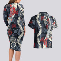 Hawaii Puakenikeni and Maile Lei Couples Matching Long Sleeve Bodycon Dress and Hawaiian Shirt Navy Blue Japanese Wave Style LT9 - Polynesian Pride