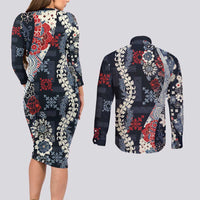 Hawaii Puakenikeni and Maile Lei Couples Matching Long Sleeve Bodycon Dress and Long Sleeve Button Shirt Navy Blue Japanese Wave Style LT9 - Polynesian Pride