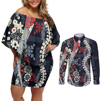 Hawaii Puakenikeni and Maile Lei Couples Matching Off Shoulder Short Dress and Long Sleeve Button Shirt Navy Blue Japanese Wave Style LT9 Navy Blue - Polynesian Pride
