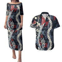 Hawaii Puakenikeni and Maile Lei Couples Matching Puletasi and Hawaiian Shirt Navy Blue Japanese Wave Style LT9 Navy Blue - Polynesian Pride