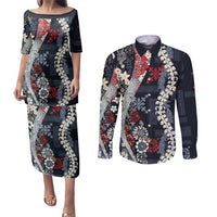 Hawaii Puakenikeni and Maile Lei Couples Matching Puletasi and Long Sleeve Button Shirt Navy Blue Japanese Wave Style LT9 Navy Blue - Polynesian Pride