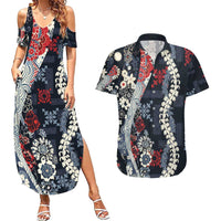Hawaii Puakenikeni and Maile Lei Couples Matching Summer Maxi Dress and Hawaiian Shirt Navy Blue Japanese Wave Style LT9 Navy Blue - Polynesian Pride