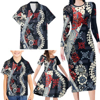 Hawaii Puakenikeni and Maile Lei Family Matching Long Sleeve Bodycon Dress and Hawaiian Shirt Navy Blue Japanese Wave Style LT9 - Polynesian Pride