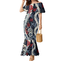 Hawaii Puakenikeni and Maile Lei Family Matching Mermaid Dress and Hawaiian Shirt Navy Blue Japanese Wave Style LT9 Mom's Dress Navy Blue - Polynesian Pride