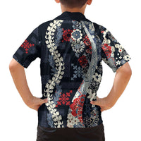 Hawaii Puakenikeni and Maile Lei Family Matching Off The Shoulder Long Sleeve Dress and Hawaiian Shirt Navy Blue Japanese Wave Style LT9 - Polynesian Pride