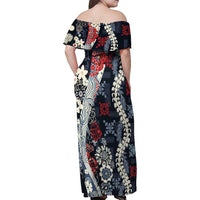 Hawaii Puakenikeni and Maile Lei Family Matching Off Shoulder Maxi Dress and Hawaiian Shirt Navy Blue Japanese Wave Style LT9 - Polynesian Pride