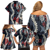 Hawaii Puakenikeni and Maile Lei Family Matching Off Shoulder Short Dress and Hawaiian Shirt Navy Blue Japanese Wave Style LT9 - Polynesian Pride