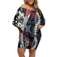 Hawaii Puakenikeni and Maile Lei Family Matching Off Shoulder Short Dress and Hawaiian Shirt Navy Blue Japanese Wave Style LT9 Mom's Dress Navy Blue - Polynesian Pride